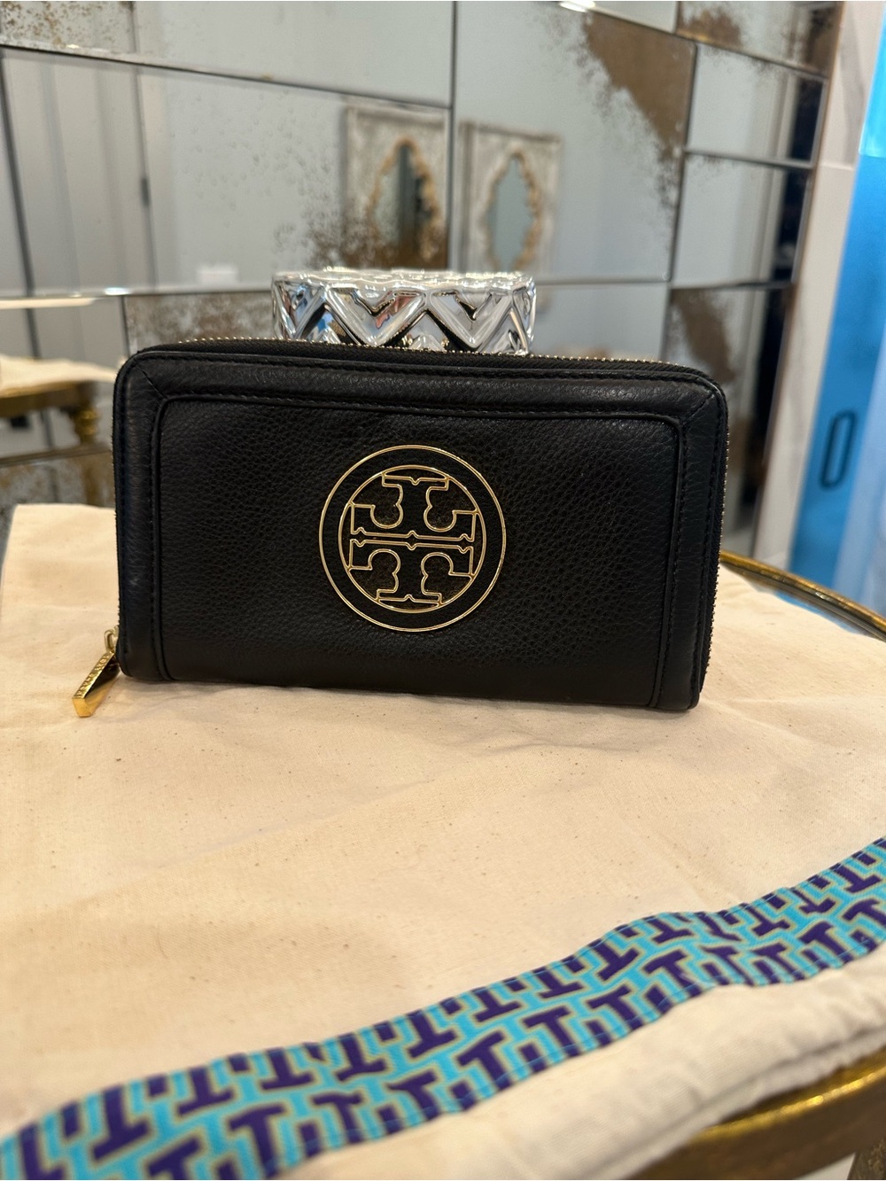Tory Burch Black Leather Zip-Around Wallet with Gold Logo
